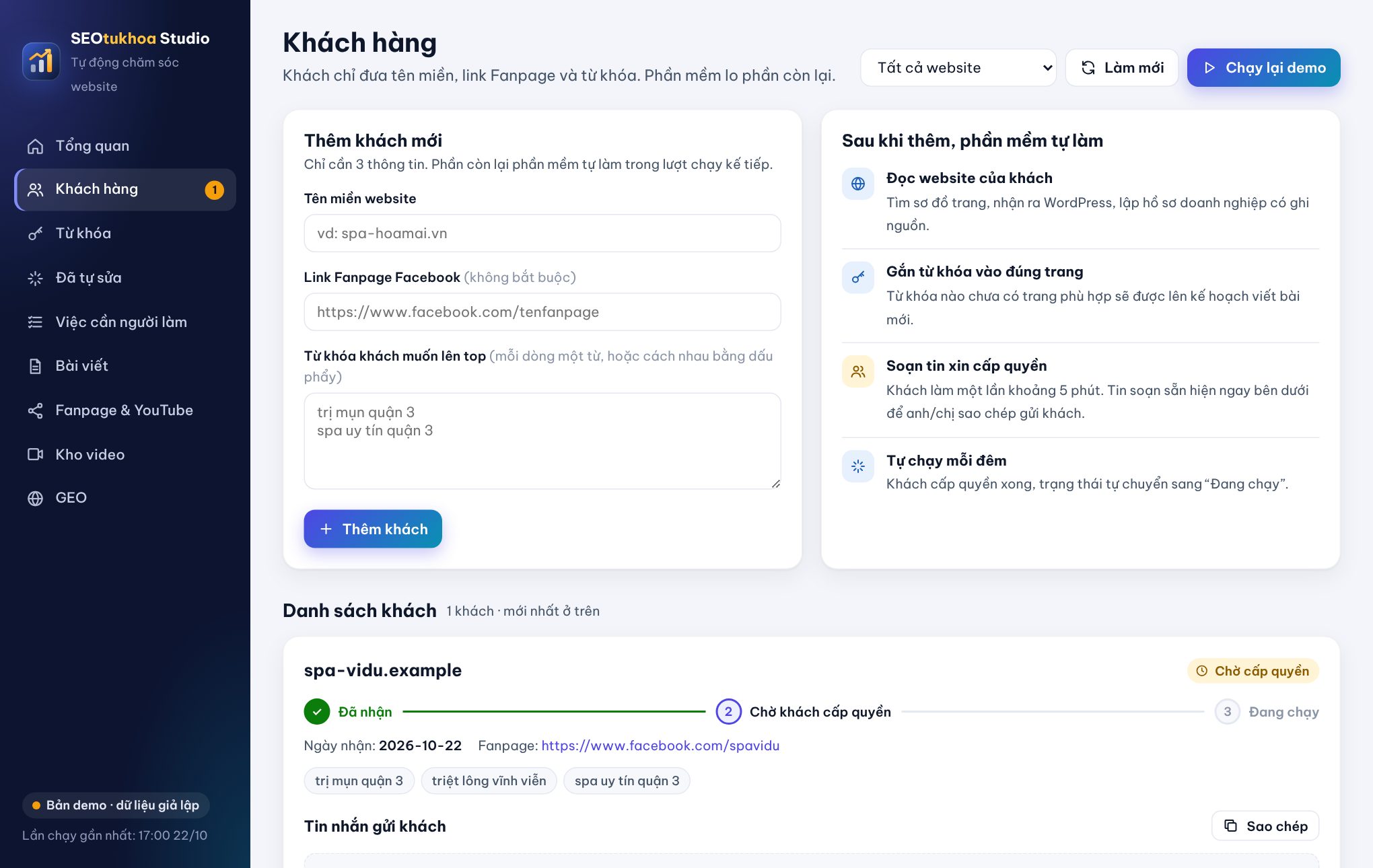Thêm khách mới chỉ với tên miền, Fanpage và từ khóa